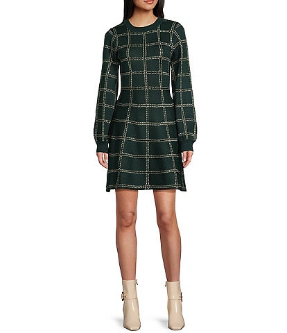 Midnight Doll Crew Neck Sweater Knit Lurex Plaid Dress