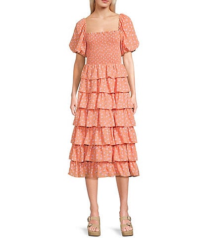 Midnight Doll Ditsy Floral Print Puff Sleeve Smocked Bodice Tiered Ruffle Midi Dress