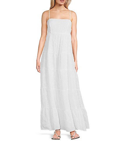 Midnight Doll Embroidered Spaghetti Strap Square Neck Bow Back Tiered Dress