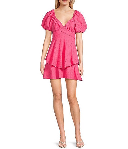 Midnight Doll Eyelet Puff Short Sleeve Tie Back Tiered Mini Dress