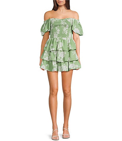 Midnight Doll Floral Print Off The Shoulder Smocked Bodice Puff Sleeve Tiered A-Line Dress