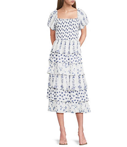 Midnight Doll Floral Print Short Puff Sleeve Tiered Ruffle Midi Dress