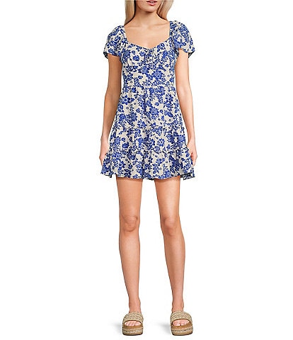 Midnight Doll Floral Print Short Sleeve Smocked Back Fit & Flare Mini Dress