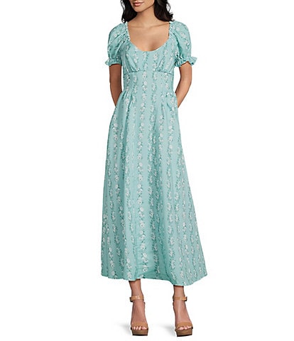 Midnight Doll Floral Printed Short Puff Sleeve Midi Dress