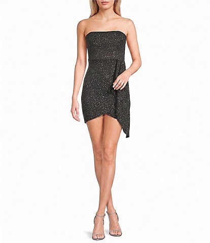 Midnight Doll Glitter Knit Strapless Side Sash Wrap Front Dress