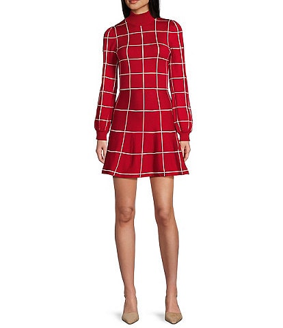 Midnight Doll Lurex Grid Plaid Long Sleeve Puff Mock Neck Dress