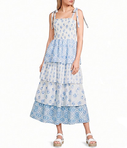 Midnight Doll Mixed Printed Tie Shoulder Smocked Tiered Dress