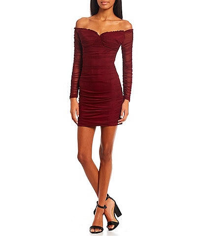 Midnight Doll Off-The-Shoulder Long Sleeve Ruched Mesh Corset Dress