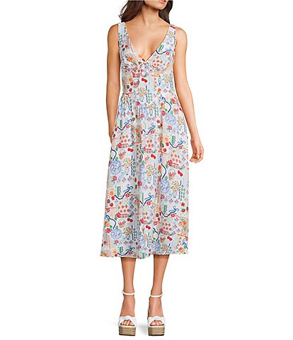 Midnight Doll Patchwork Printed V-neck Tie Front Midi Dress