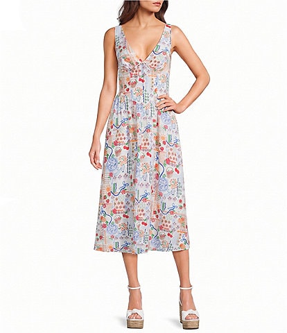 Midnight Doll Patchwork Printed V-neck Tie Front Midi Dress