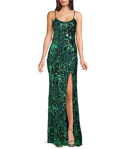 Midnight Doll Patterned Sequin Scoop Neck Spaghetti Strap Side Slit Dress