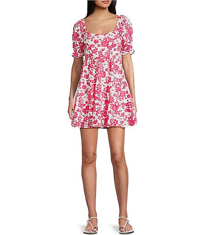 Midnight Doll Printed Bubble Textured Puff Sleeve Tie Back Dress
