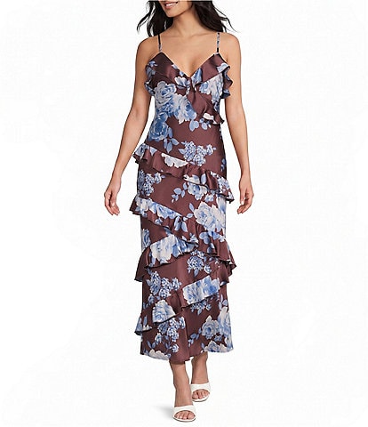 Midnight Doll Satin Floral Printed Asymmetrical Ruffle Maxi Dress