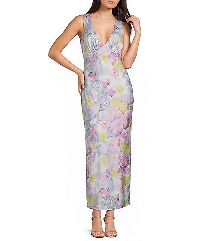 Midnight Doll Satin Floral Printed V-Neck Draped Back Maxi Dress
