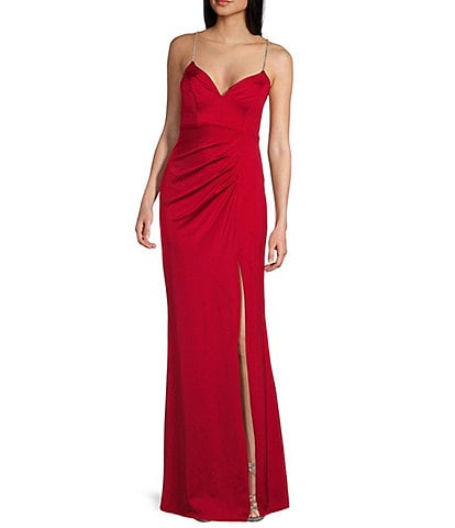 Midnight Doll Satin V-Neck Rhinestone Tie Back Long Dress