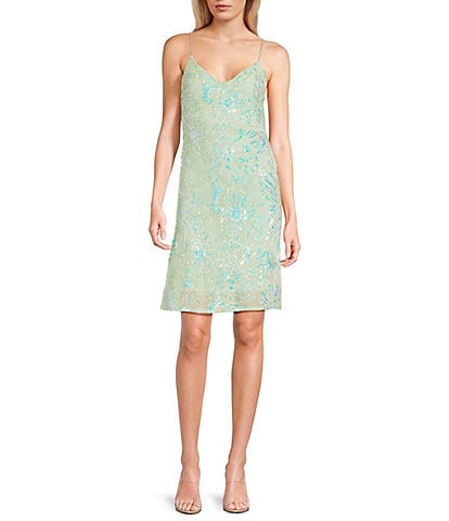Midnight Doll Sequin Beaded Floral Patterned Mesh Rhinestone Strap Mini Dress