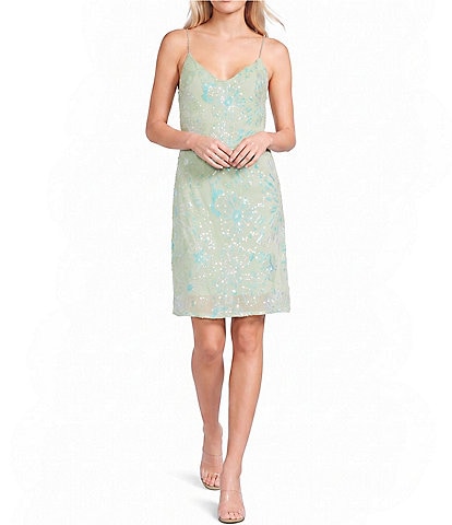 Midnight Doll Sequin Beaded Floral Patterned Mesh Rhinestone Strap Above Knee Dress