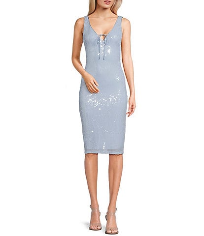 Midnight Doll Sequin Embellished V-Neck Tie Accent Knee Length Dress