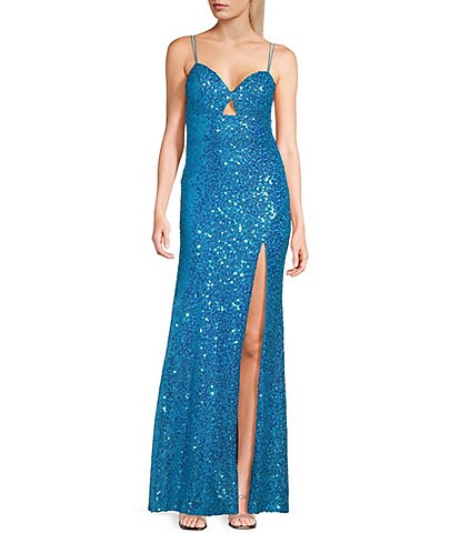 Midnight Doll Sequin Front And Back Cut-Out Side Slit Long Dress