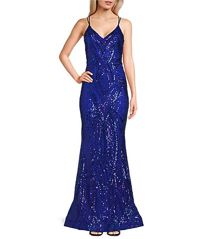 Midnight Doll Patterned Sequin Mesh Long Dress