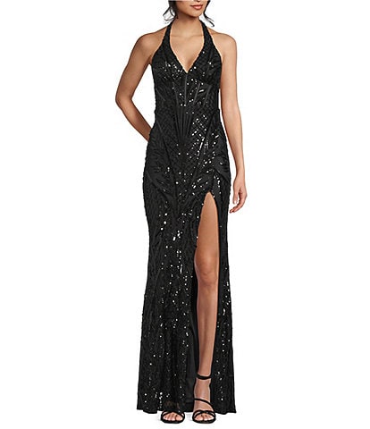 Midnight Doll Sequin Patterned Mesh Halter Neck Side Slit Dress