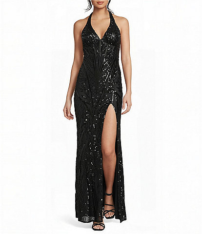 Midnight Doll Sequin Patterned Mesh Halter Neck Side Slit Dress