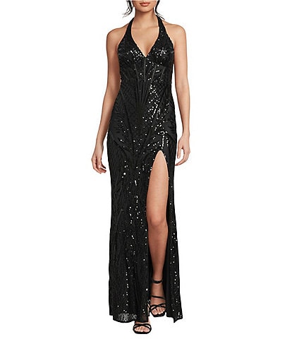 Midnight Doll Sequin Patterned Mesh Halter Neck Side Slit Long Dress