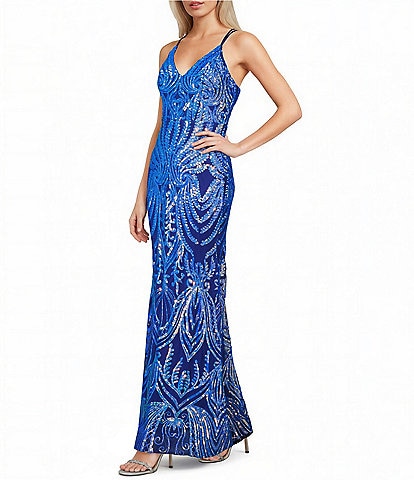 Midnight Doll Sequin Patterned Mesh V-Neck Dress