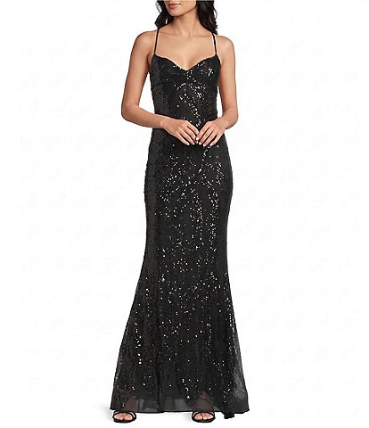 Midnight Doll Sequin Patterned V-Neck Pinch Front Lace Up Tie Back Long Dress