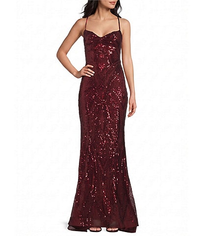 Midnight Doll Sequin Patterned V-Neck Pinch Front Lace Up Tie Back Long Dress