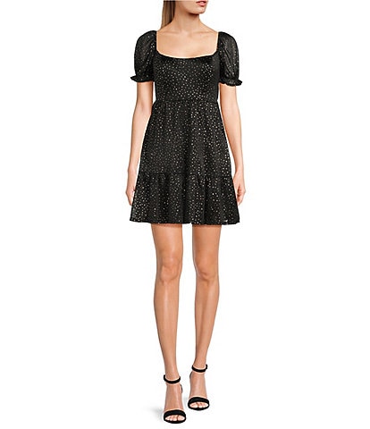 Midnight Doll Short Sleeve Glitter Mesh Tie Back Fit-And-Flare Dress