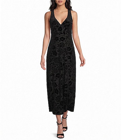 Midnight Doll Sleeveless Drape-Back Embossed Satin Dress