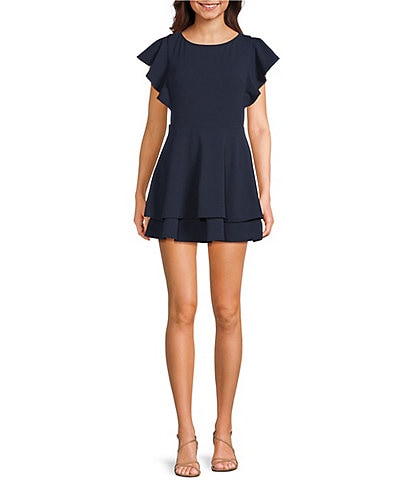 Midnight Doll Solid Scuba Crepe Short Sleeve Boat Neck Bow Back Double Ruffle Dress