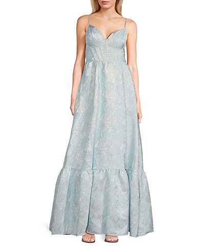 Midnight Doll Spaghetti Strap Brocade Corset Detail Gown