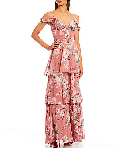 Midnight Doll Spaghetti Strap Cold-Shoulder Tiered Floral Long Dress