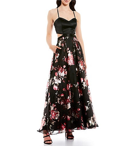 Midnight Doll Spaghetti Strap Satin Sweetheart Neck Cut Out Side Floral Printed Ball Gown