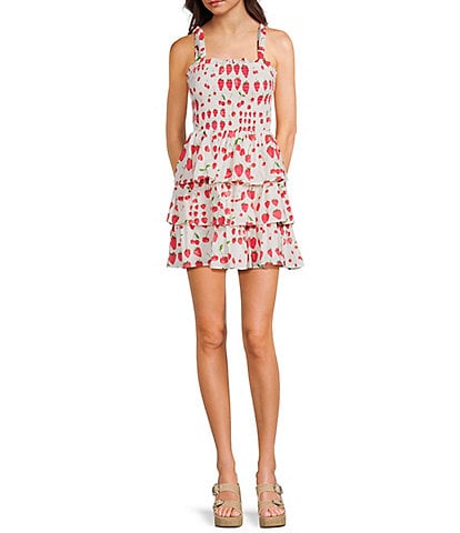 Midnight Doll Strawberry Print Tie Shoulder Smocked Bodice Tiered Dress