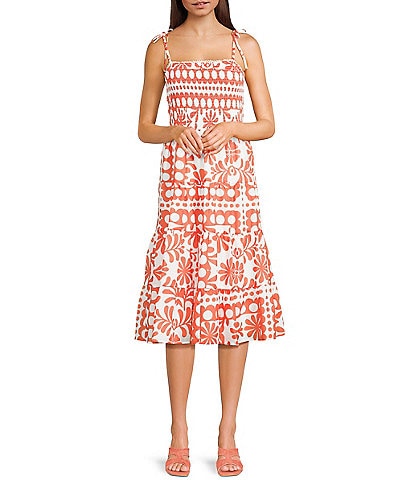 Midnight Doll Tropical Print Tie Strap Smocked Bodice Midi Dress