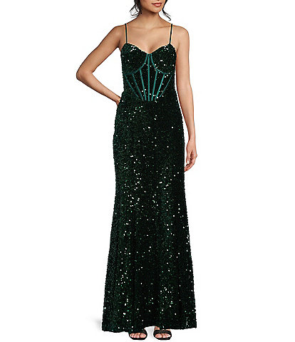Midnight Doll Velvet Sequin Corset Lace-Up Back Mermaid Gown