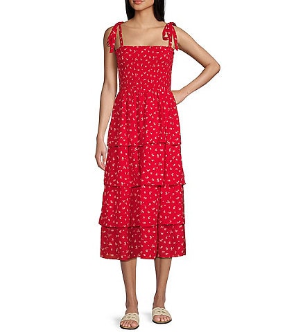 Midnight Doll Wool Doddy Print Square Neck Tie Strap Tiered Maxi Dress