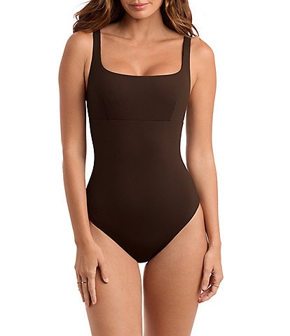 Mimi Flamingo Lido Rib Knit Harper Solid Square Neck Open Back Tank One Piece Swimsuit