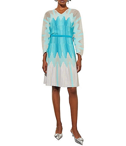 Ming Wang Abstract Ombre Print Soft Knit V-Neck Long Dolman Sleeve A-Line Dress