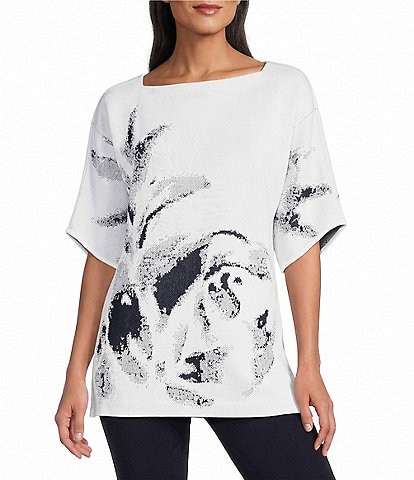 Ming Wang Abstract Print Soft Knit Square Neck Elbow Sleeve Tunic