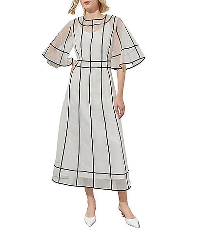 Ming Wang Airy Contrast Stripe Organza Round Neck Elbow Sleeve A-Line Midi Dress