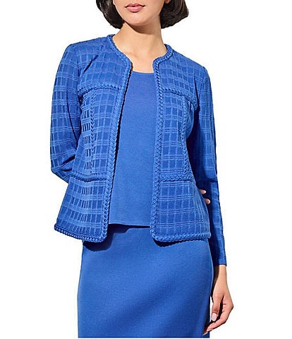 Ming Wang Amica Textured Knit Round Neck Long Sleeve Braided Trim Jacket
