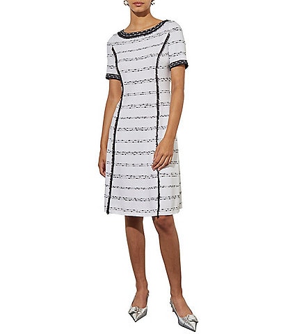 Ming Wang Aria Soft Knit Horizontal Striped Fringe Crew Neck Short Sleeve A-Line Dress