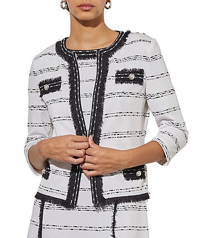 Ming Wang Aria Soft Knit Horizontal Striped Fringe Round Neck 3/4 Sleeve Jacket