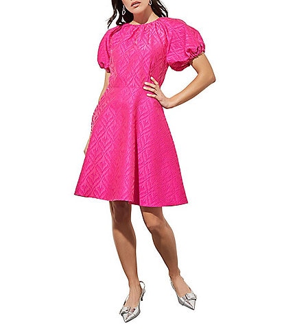 Ming Wang Bouffant Crepe De Chine Round Neck Short Puff Sleeve Fit And Flare Dress