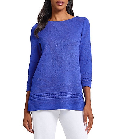 Ming Wang Burnout Floral Knit Boat Neck Bracelet Sleeve Tunic