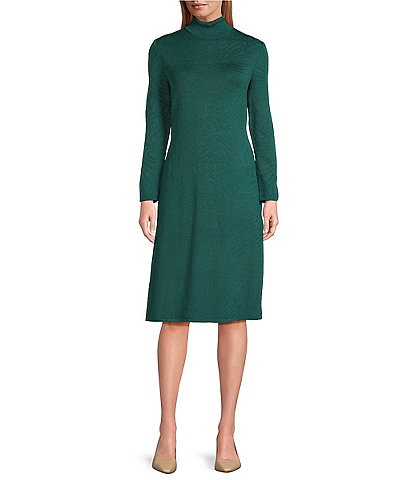 Ming Wang Burnout Jacquard Knit Mock Neck Long Sleeve Dress